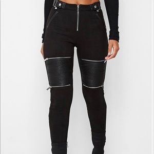 Ribbed faux suede biker leggings - black